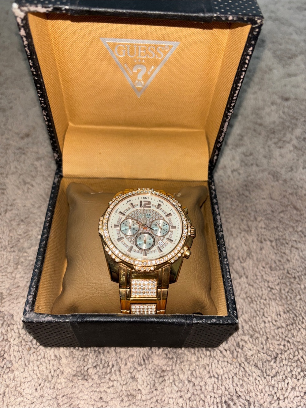 GUESS Gold and White Crystal-Trim Chronograph Watch